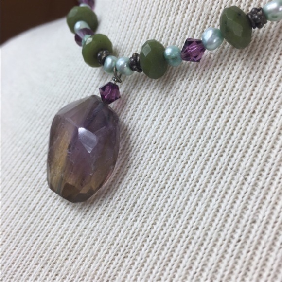 Artisan Fluorite, Pearl and Jade Sterling Necklace - Picture 6 of 8